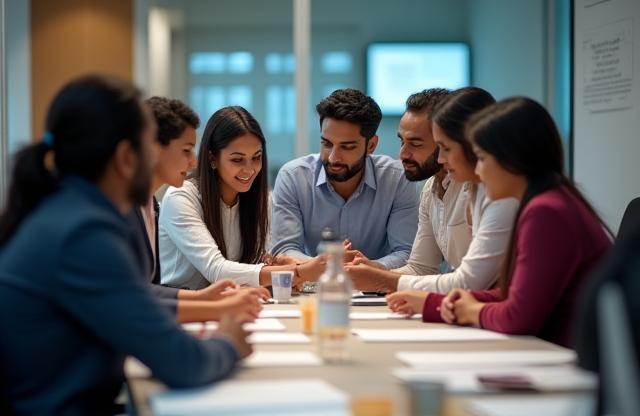Bharath News Network team collaborating enthusiastically in a modern office setting, showcasing diverse professionals working together.