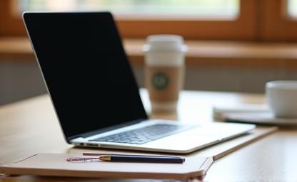 Stylish open laptop placed on a wooden desk next to a coffee cup, illustrating productivity and remote work setup.