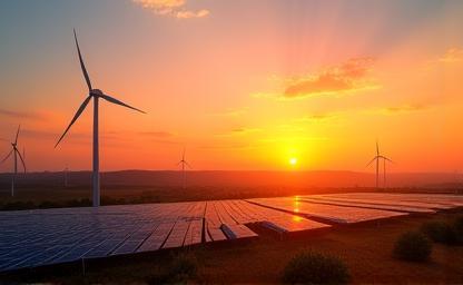Scenic view of a solar panel farm and wind turbines against a vibrant sunset, representing new governmental initiatives for boosting renewable energy.